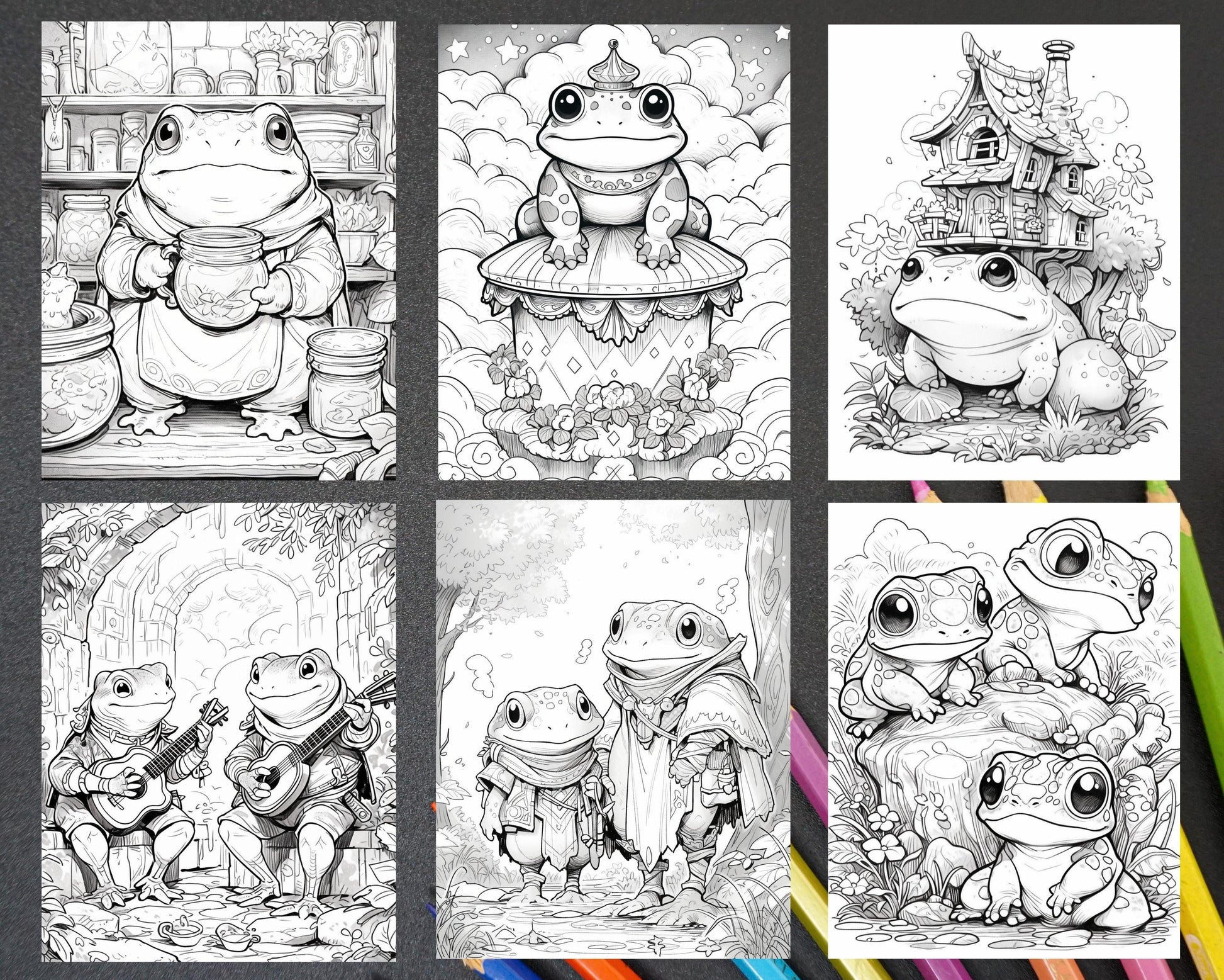50 The Frog Kingdom Grayscale Coloring Pages for Adults, Printable PDF Instant Download