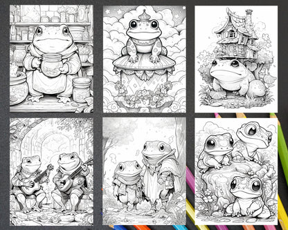 50 The Frog Kingdom Grayscale Coloring Pages for Adults, Printable PDF Instant Download