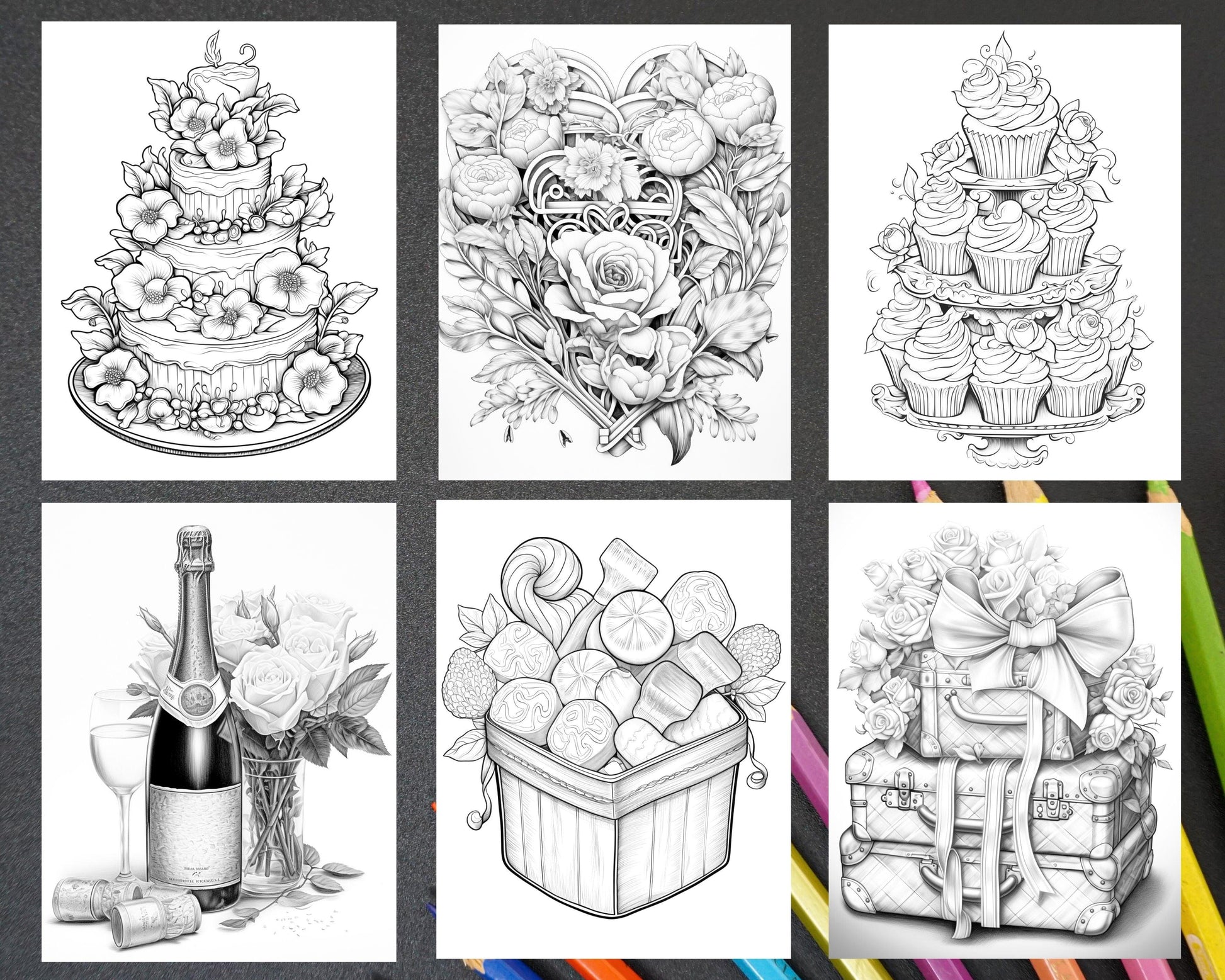 50 Sweet Valentine Grayscale Adult Coloring Pages, Printable PDF Instant Download