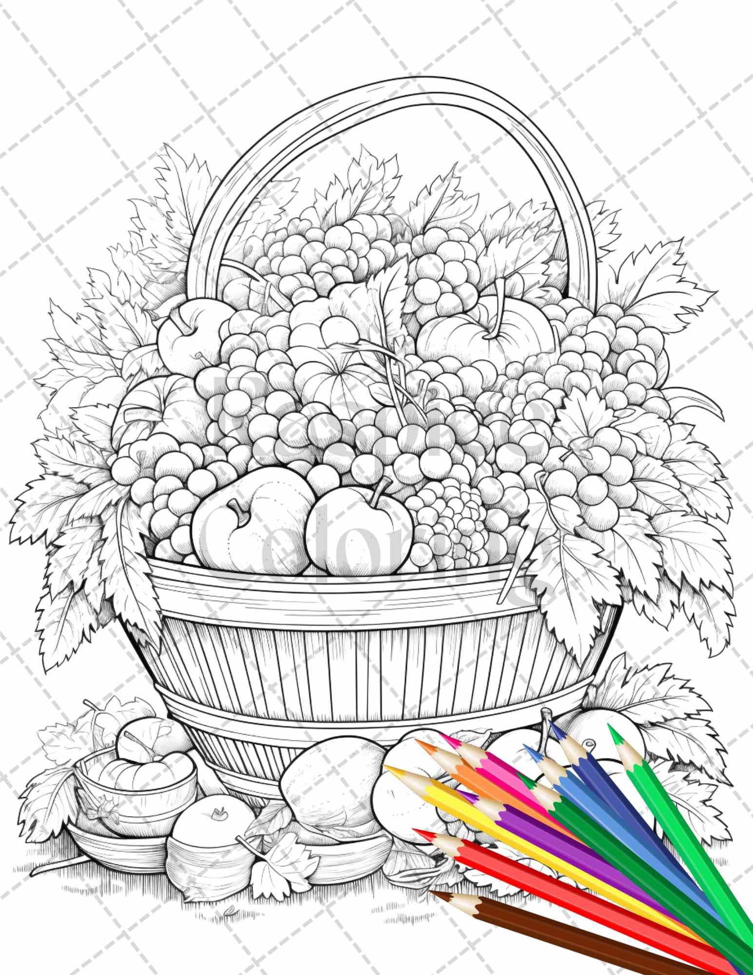 Autumn Harvest Grayscale Coloring Pages Printable for Adults, Relaxing Fall Themed Art, PDF File Instant Download