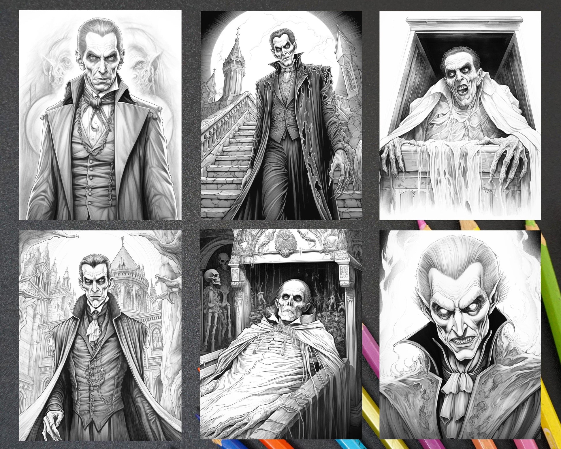 50 Count Dracula Grayscale Coloring Pages Printable for Adults, PDF File Instant Download