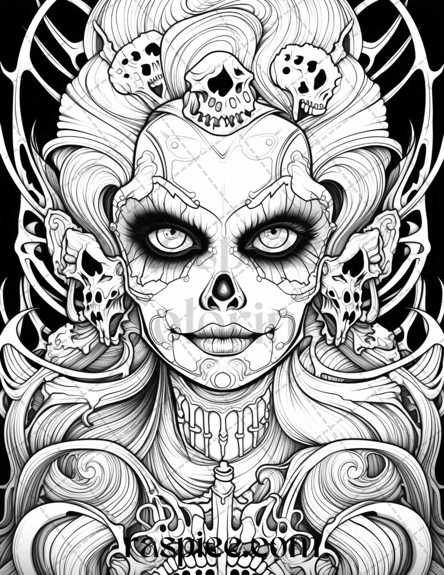 50 Spooky Miss Nightmare Grayscale Coloring Pages Printable for Adults, PDF File Instant Download