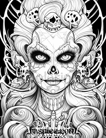 50 Spooky Miss Nightmare Grayscale Coloring Pages Printable for Adults, PDF File Instant Download