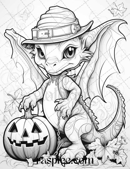 50 Cute Pumpkin Dragons Graycale Coloring Pages for Adults and Kids, Printable PDF File Instant Download