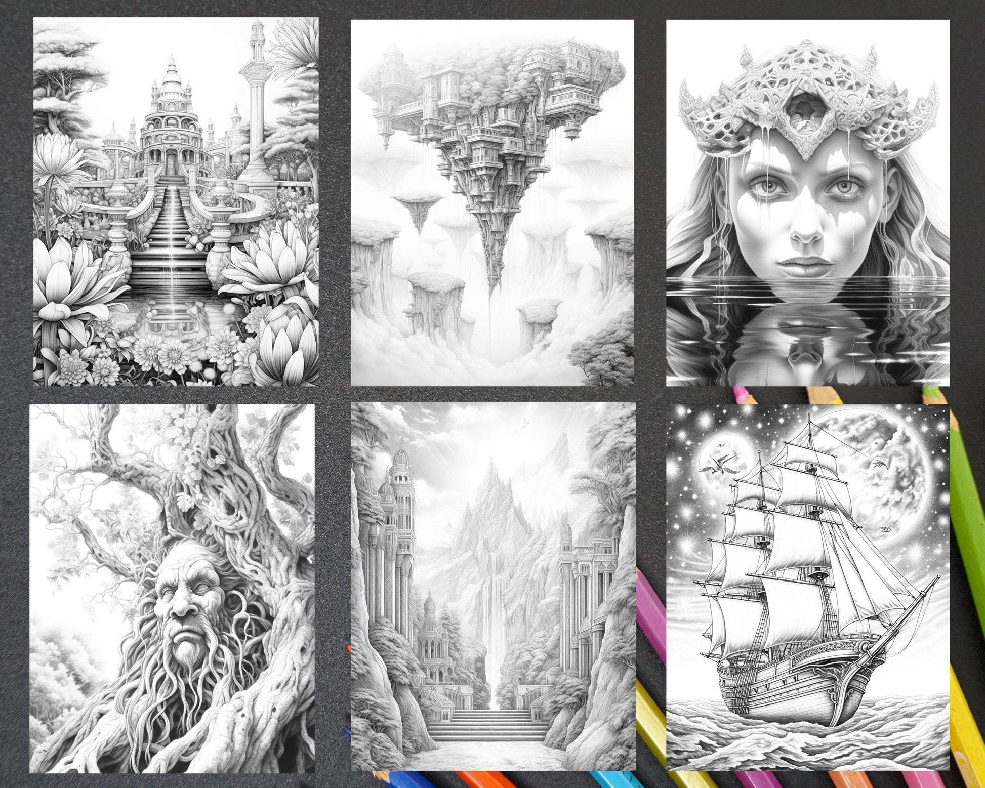 Mystical World Grayscale Coloring Pages Printable for Adults, Enchanting Fantasy Designs, PDF File Instant Download