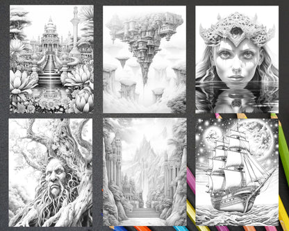 Mystical World Grayscale Coloring Pages Printable for Adults, Enchanting Fantasy Designs, PDF File Instant Download