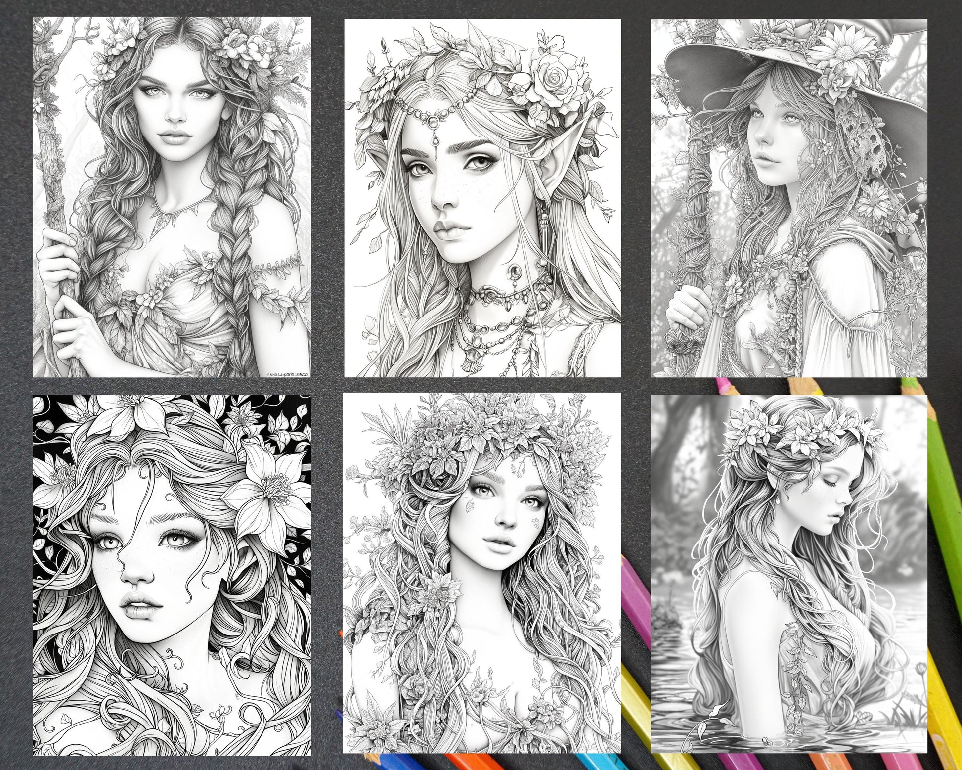 60 Fantasy Beauties Grayscale Adult Coloring Pages Printable PDF Instant Download