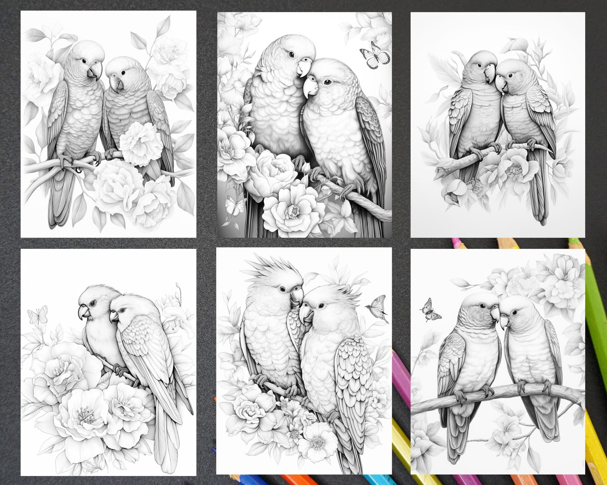 50 Lovebird Couple with Flowers Grayscale Coloring Pages for Adults, Printable PDF Instant Download