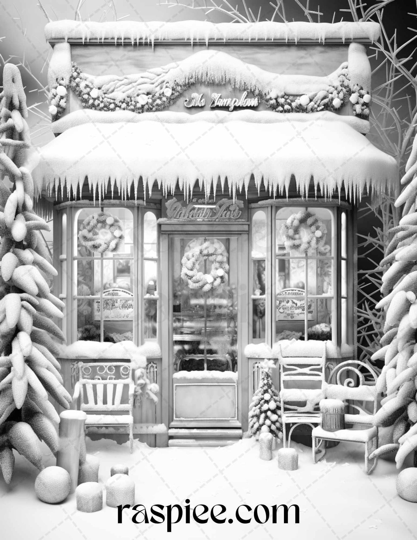 Christmas Store Front Grayscale Coloring Pages for Adults, PDF Printable Instant Download