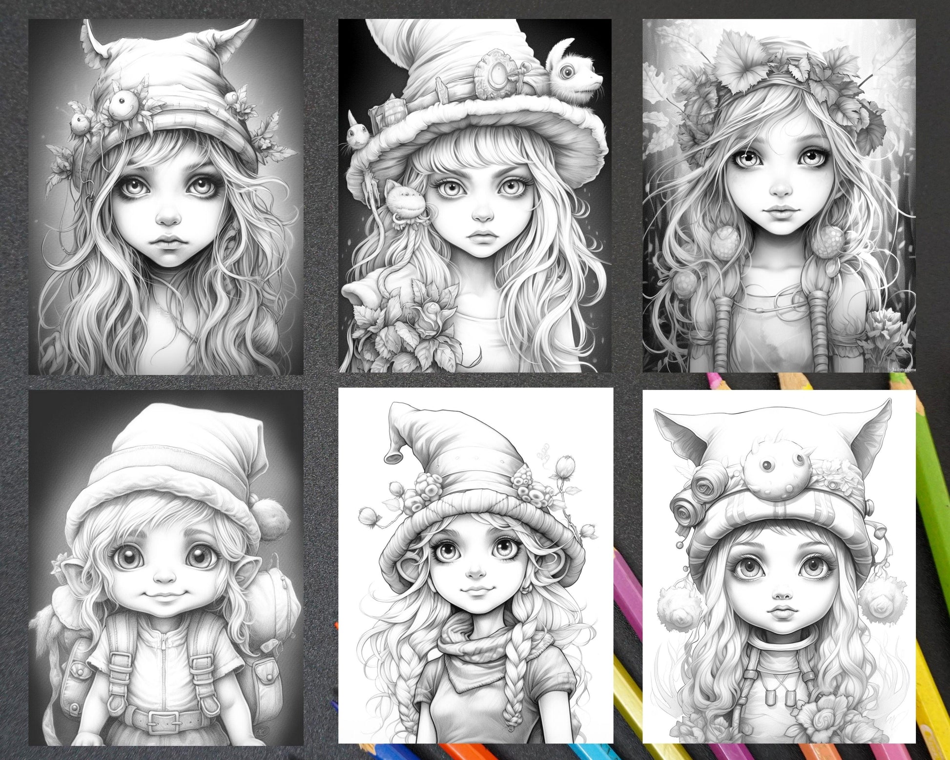 41 Adorable Gnome Girls Grayscale Coloring Pages Printable for Adults and Kids, PDF File Instant Download