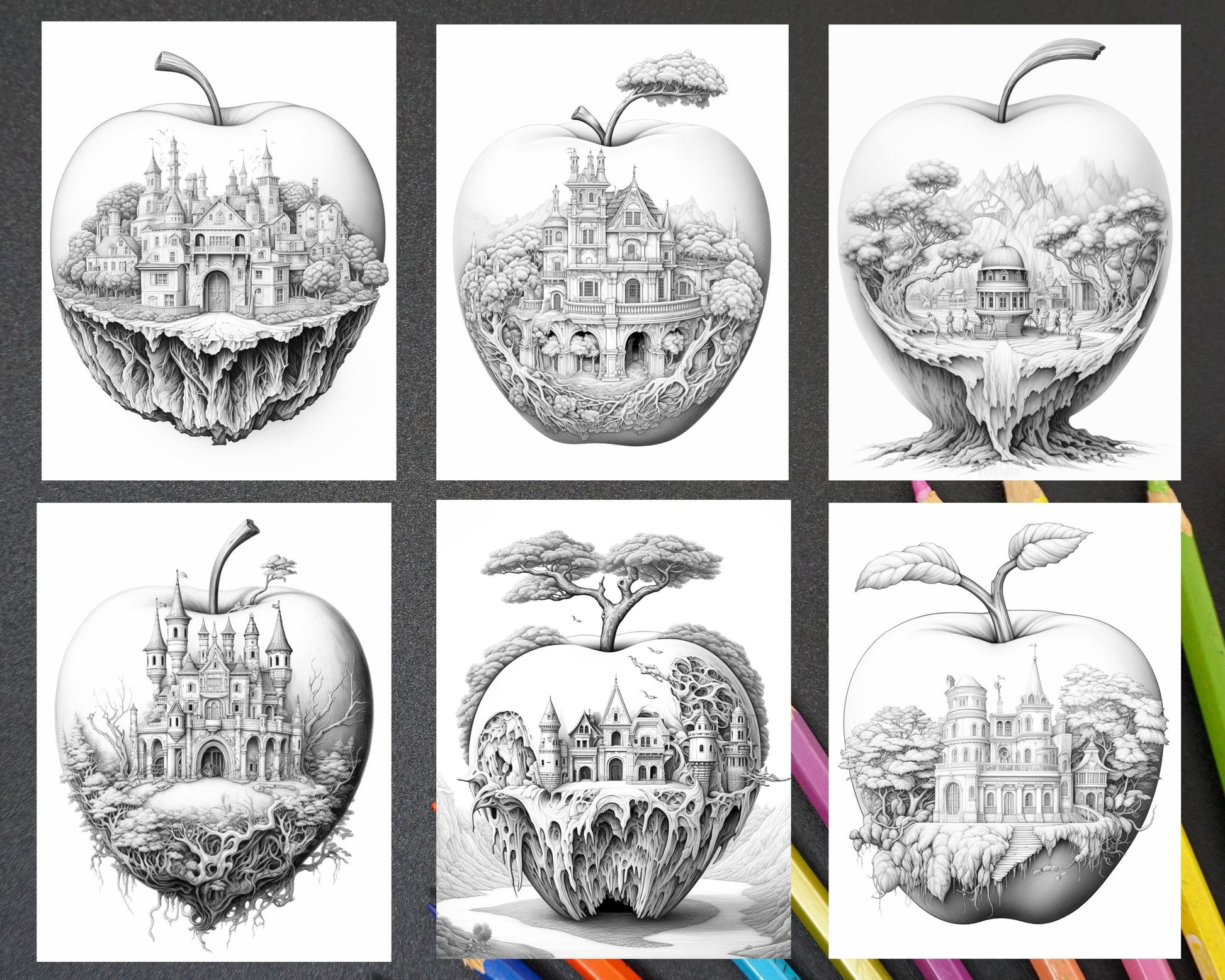 60 Miniworld in the Apple Grayscale Coloring Pages Printable for Adults, PDF File Instant Download