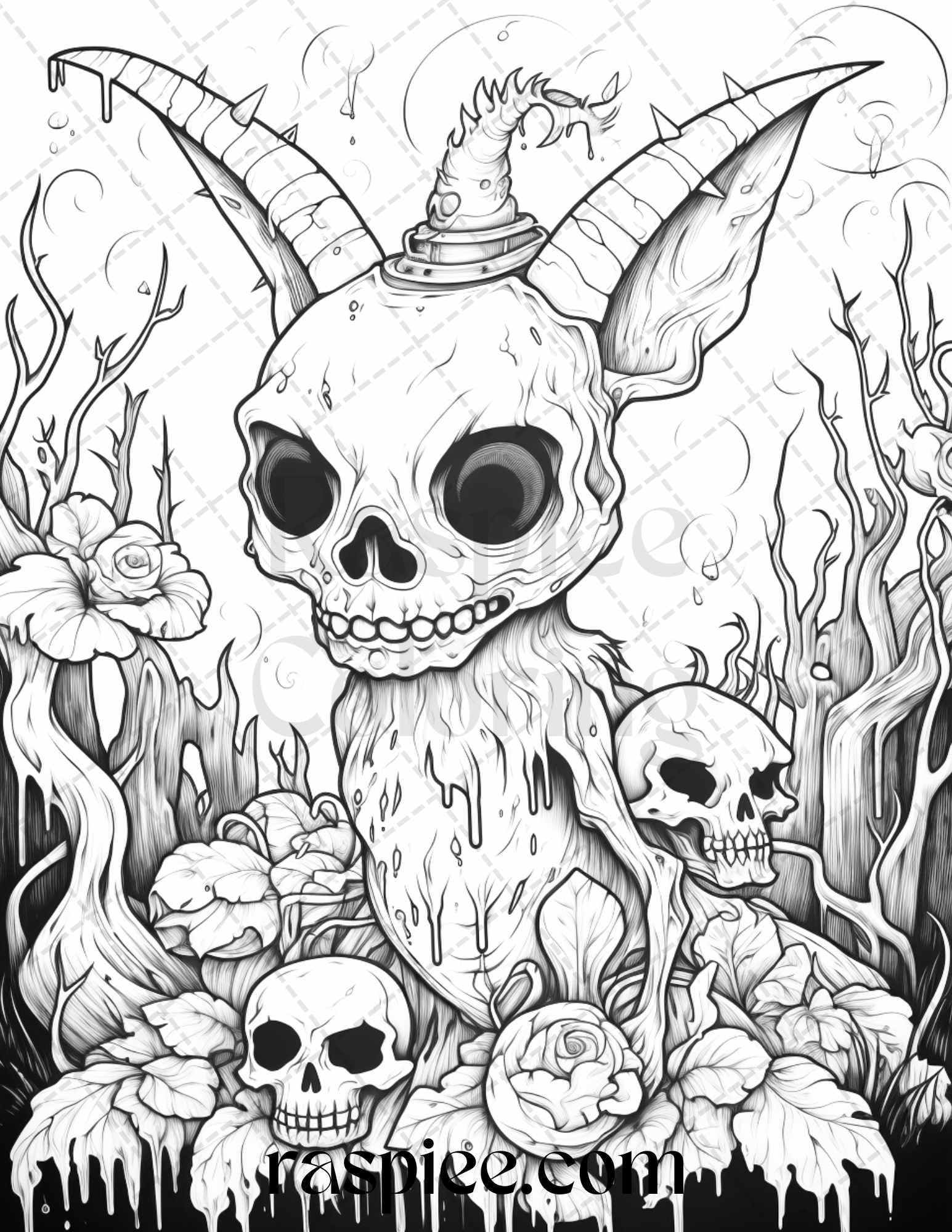 50 Halloween Scary Animals Grayscale Coloring Pages Printable for Adults, PDF File Instant Download