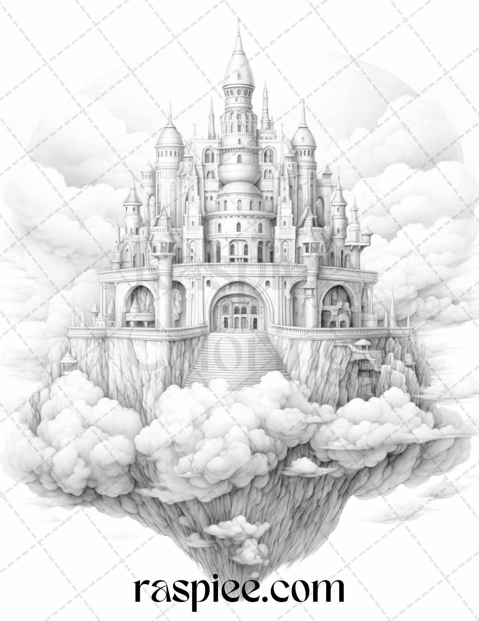 Floating Castle in the Sky Grayscale Coloring Pages for Adults, Printable PDF File Instant Download