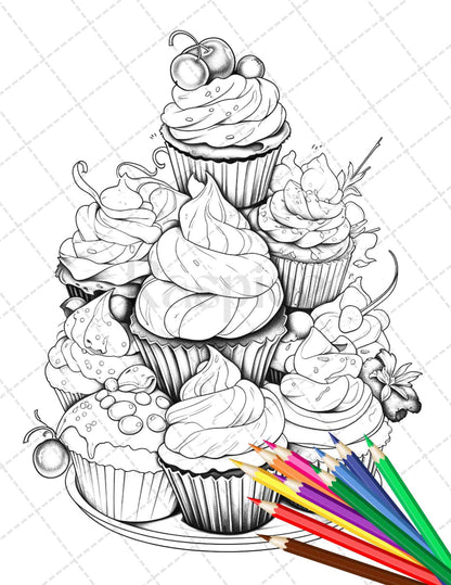 36 Sweet Desserts Coloring Pages Printable for Adults, Grayscale Coloring Page, PDF File Instant Download