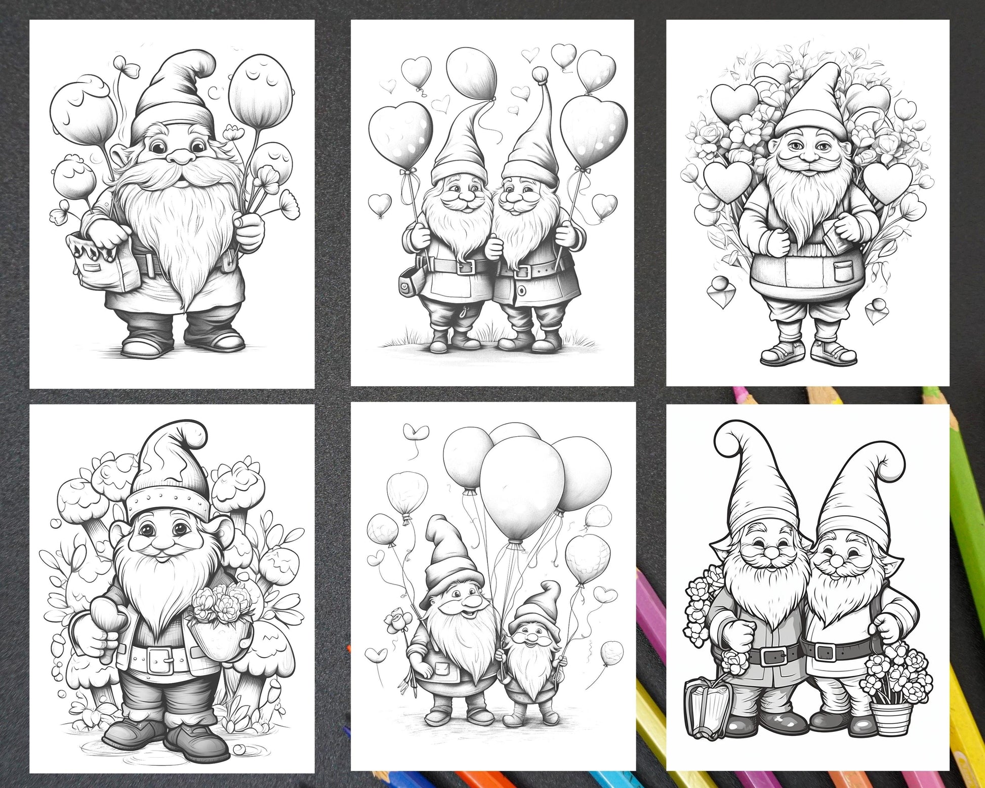 33 Gnome Love Coloring Pages Printable for Adults, Grayscale Coloring Page, PDF File Instant Download