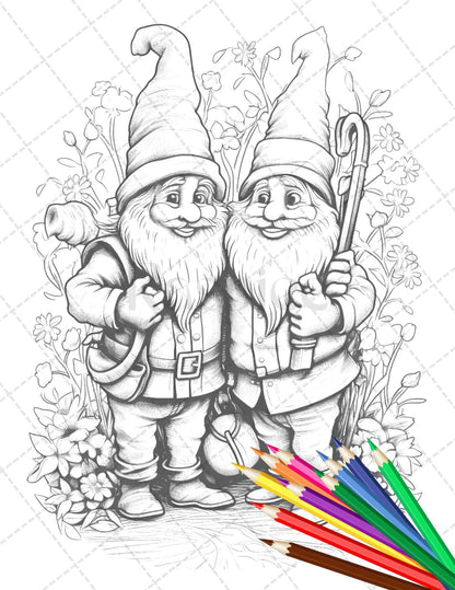 33 Gnome Love Coloring Pages Printable for Adults, Grayscale Coloring Page, PDF File Instant Download
