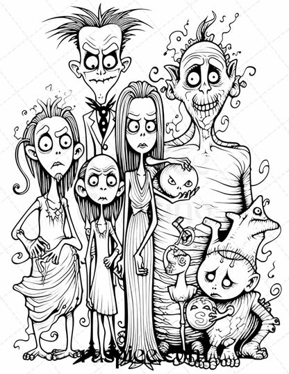 50 Monster Family Grayscale Coloring Pages Printable for Adults - Instant Download, Halloween Coloring Book, Fun and Spooky Designs