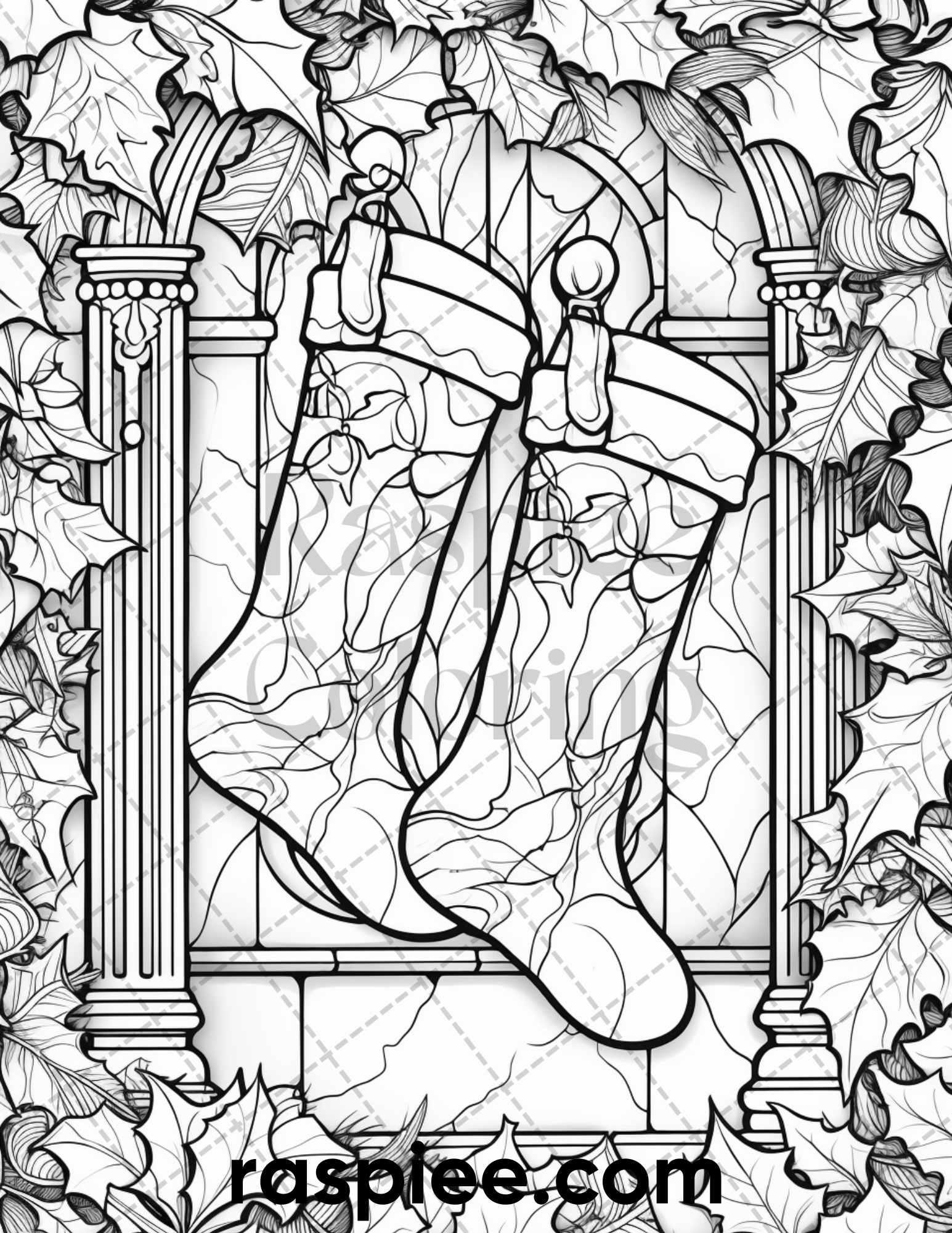 50 Christmas Stained Glass Grayscale Coloring Pages for Adults, Printable PDF File Instant Download