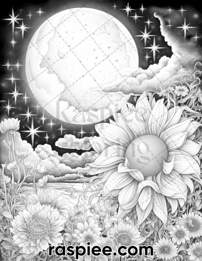 50 Flowers Under Moonlight Grayscale Coloring Pages for Adults, Printable PDF Instant Download