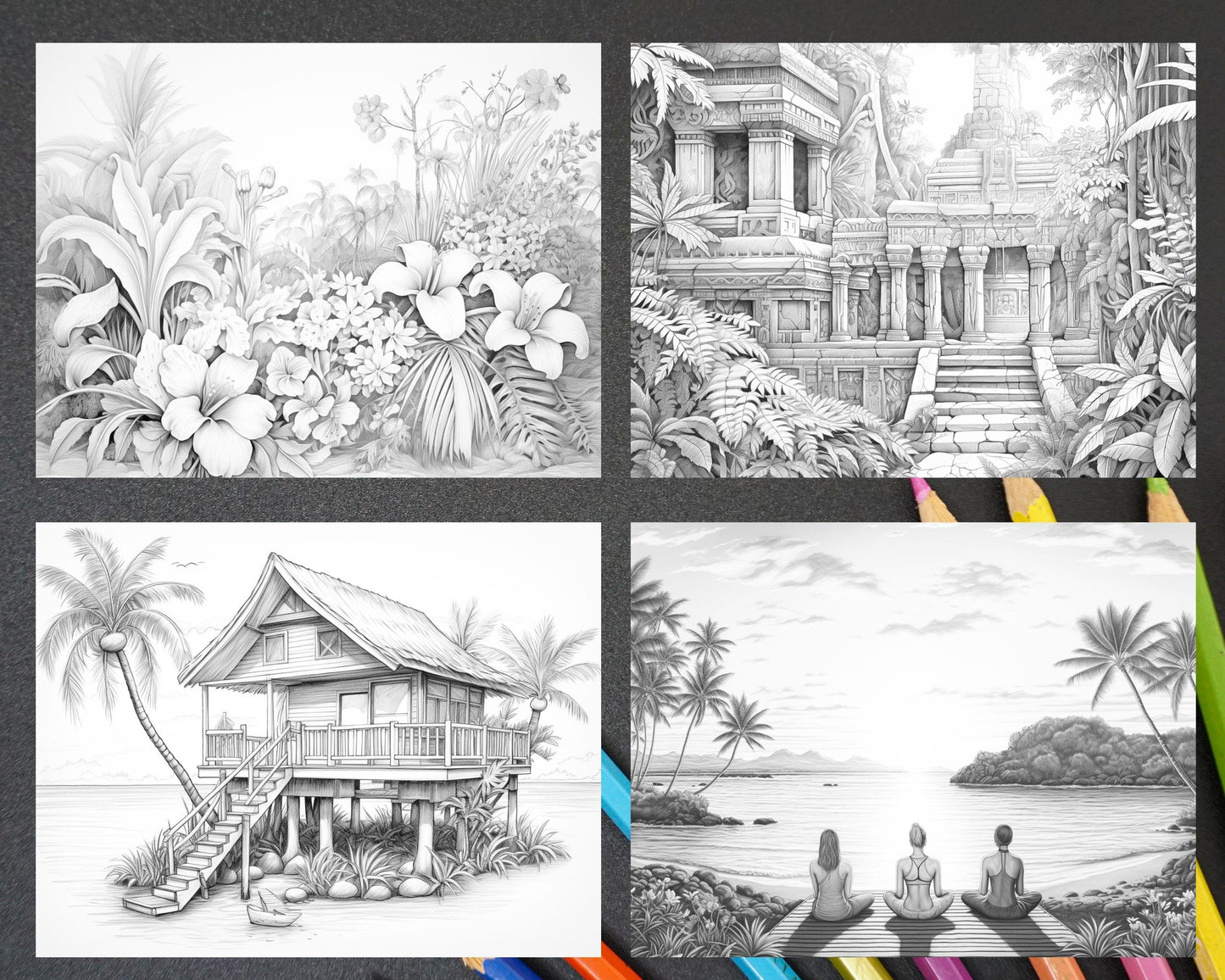 50 Tropical Paradise Grayscale Adult Coloring Pages, Printable PDF Instant Download