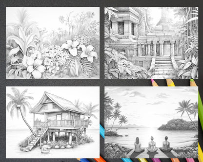 50 Tropical Paradise Grayscale Adult Coloring Pages, Printable PDF Instant Download