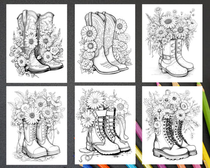32 Flower Boots Coloring Pages Printable for Adults, Floral Grayscale Coloring Page, PDF File Instant Download