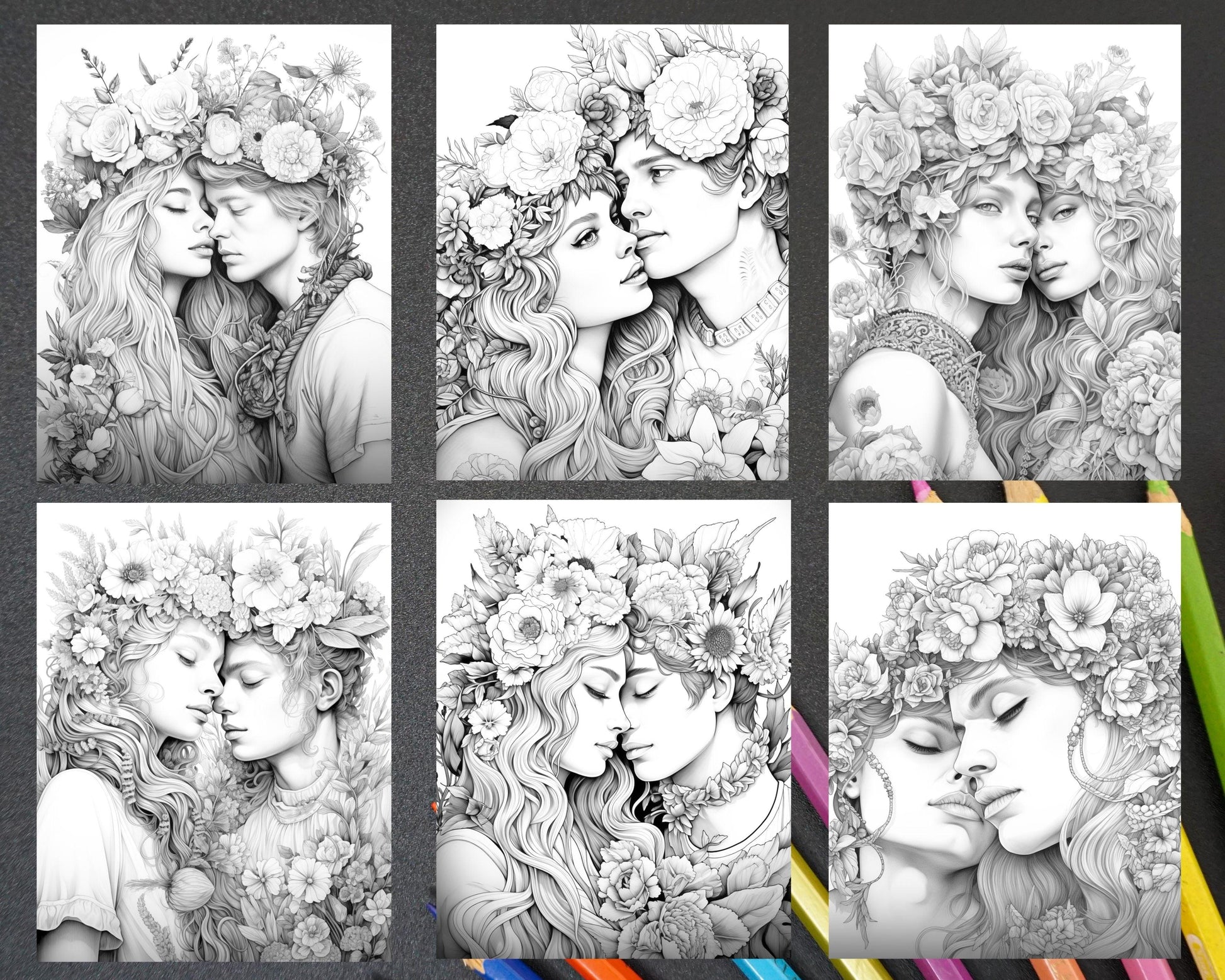 50 Romantic Couple Flowers Grayscale Coloring Pages Printable for Adults, PDF File Instant Download