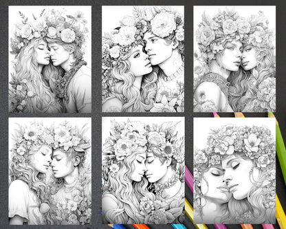 50 Romantic Couple Flowers Grayscale Coloring Pages Printable for Adults, PDF File Instant Download