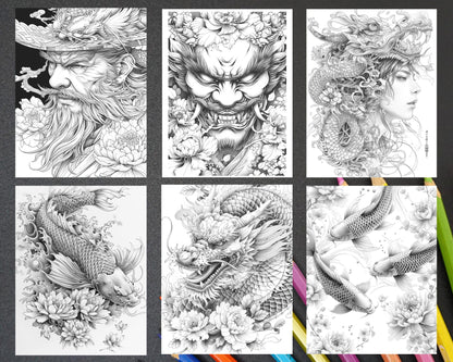60 Traditional Japanese Tattoos Grayscale Adult Coloring Pages, Printable PDF Instant Download