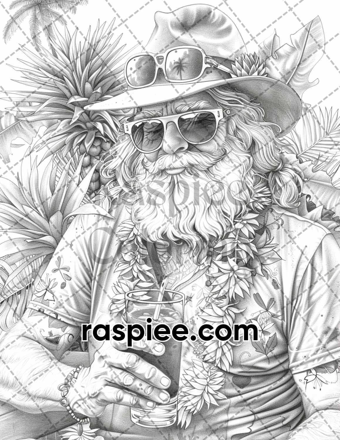 60 Santa Christmas in July Grayscale Adult Coloring Pages Printable PDF Instant Download