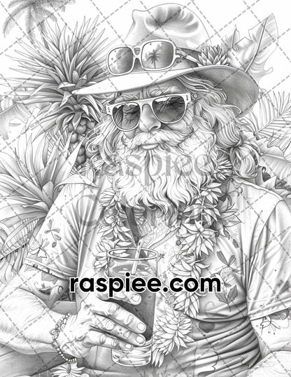 60 Santa Christmas in July Grayscale Adult Coloring Pages Printable PDF Instant Download