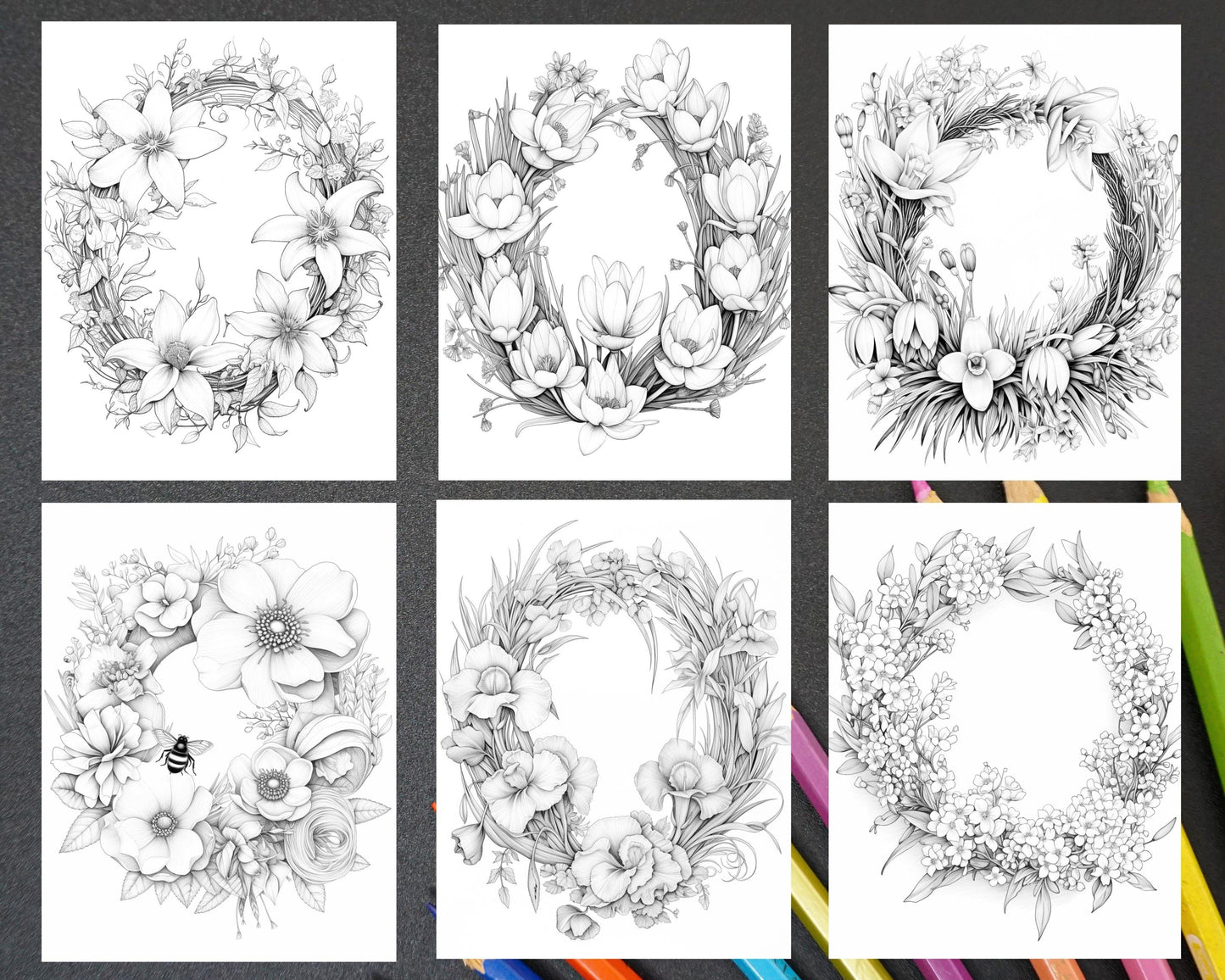 65 Spring Floral Wreaths Grayscale Adult Coloring Pages, Printable PDF Instant Download