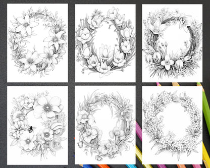 65 Spring Floral Wreaths Grayscale Adult Coloring Pages, Printable PDF Instant Download