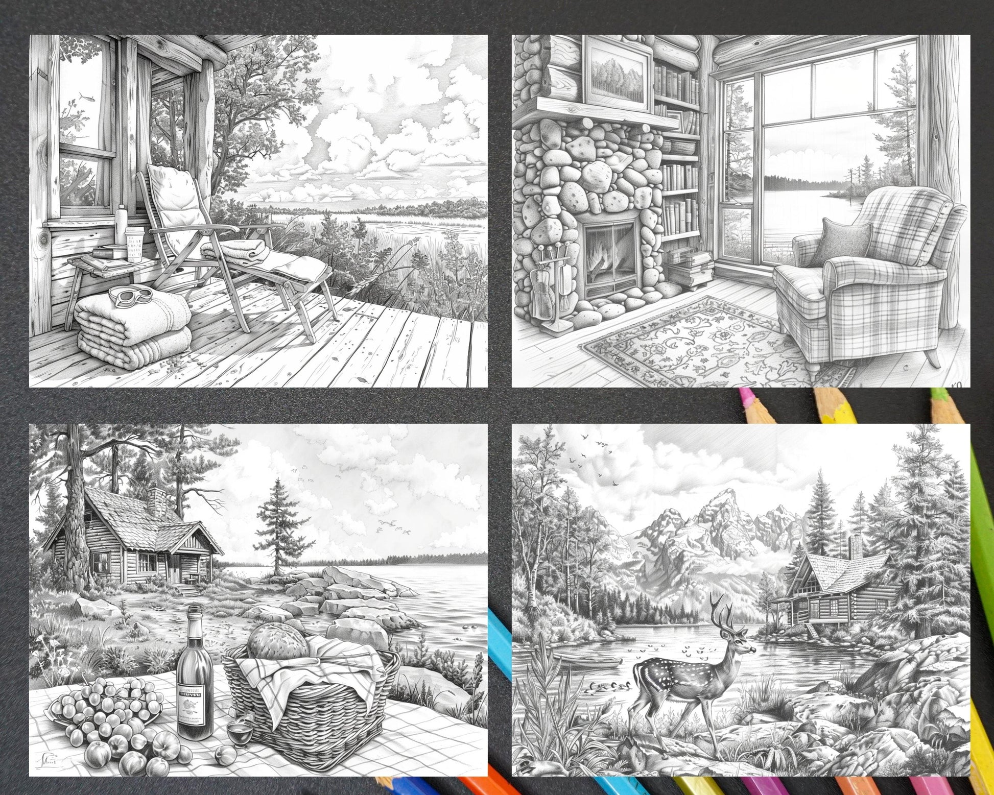 62 Serene Lakeside Cabins Grayscale Adult Coloring Pages, Printable PDF Instant Download