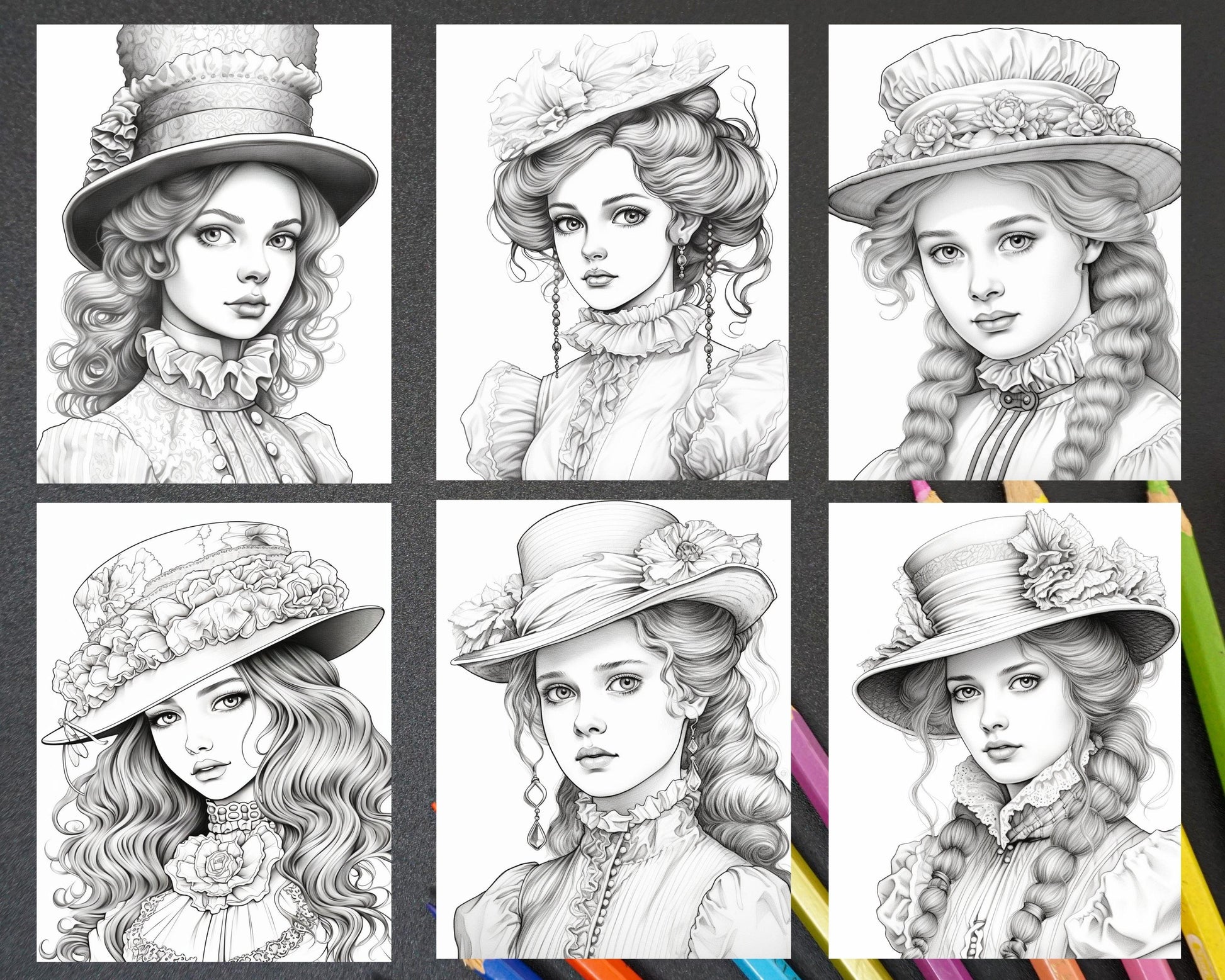 36 Beautiful Victorian Girls Coloring Pages Printable for Adults, Grayscale Coloring Page, PDF File Instant Download
