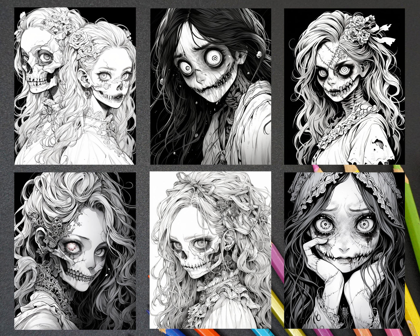 60 Horror Beauties Grayscale Coloring Pages Printable for Adults, PDF File Instant Download