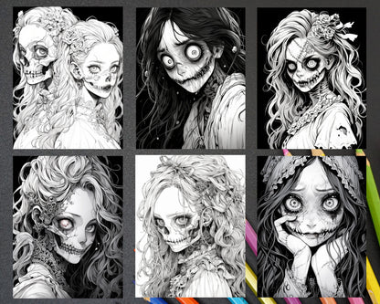 60 Horror Beauties Grayscale Coloring Pages Printable for Adults, PDF File Instant Download