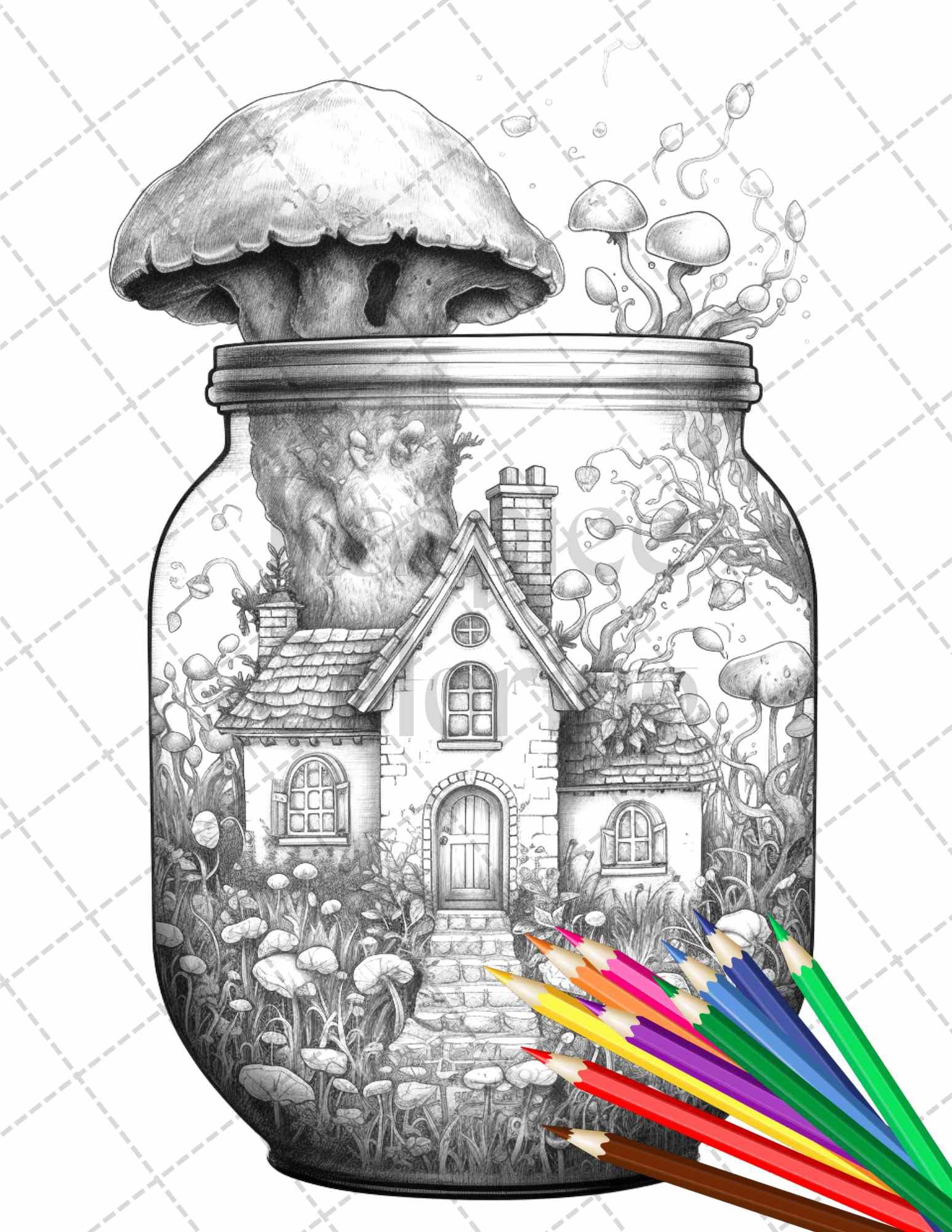 Fairy House in Jar Grayscale Coloring Pages Printable for Adults, PDF File Instant Download