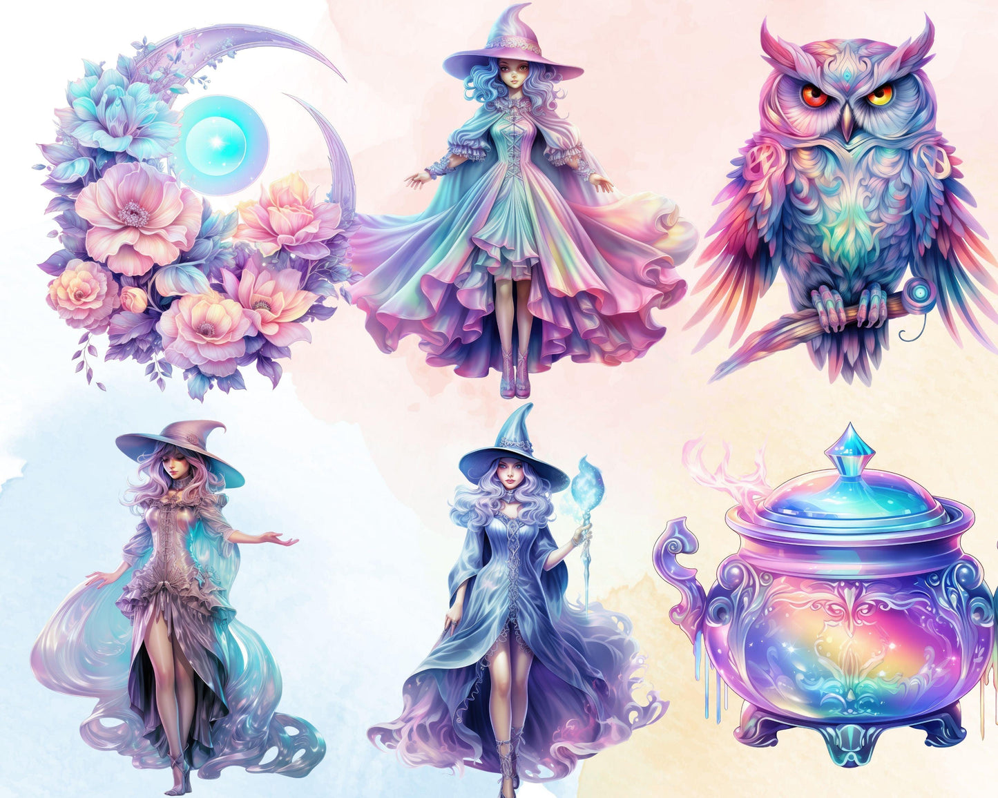 24 PNG Pastel Halloween Witch Clipart, Halloween Witch Illustrations, Halloween Sublimation