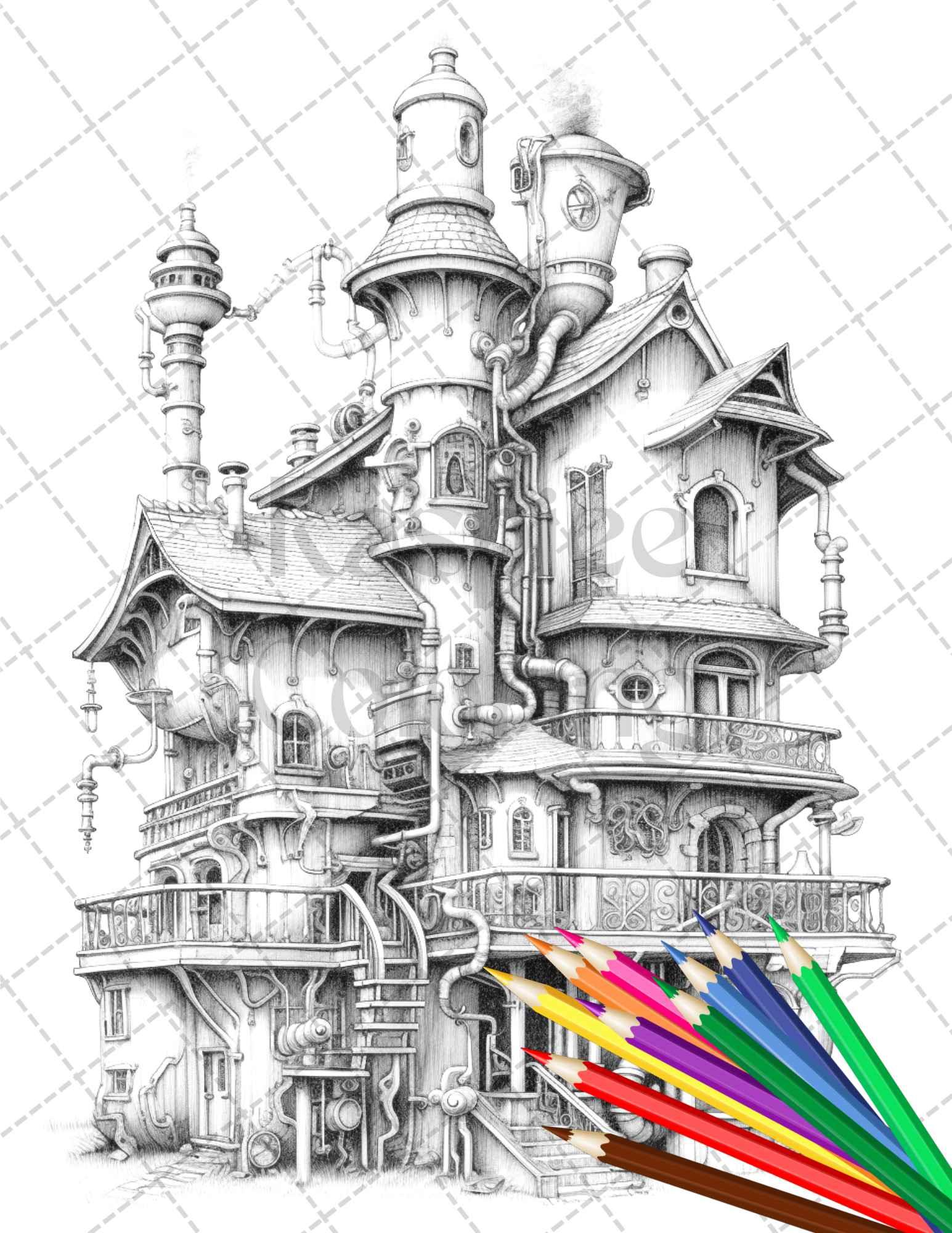 50 Steampunk Houses Grayscale Coloring Pages Printable for Adults, PDF File Instant Download