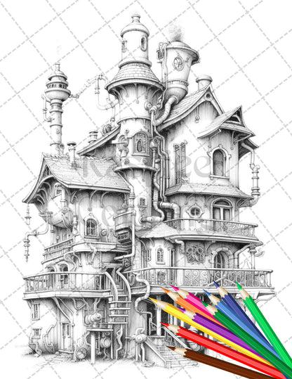 50 Steampunk Houses Grayscale Coloring Pages Printable for Adults, PDF File Instant Download