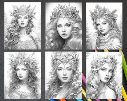 50 Winter Queens Portrait Grayscale Coloring Pages Printable for Adults, PDF File Instant Download