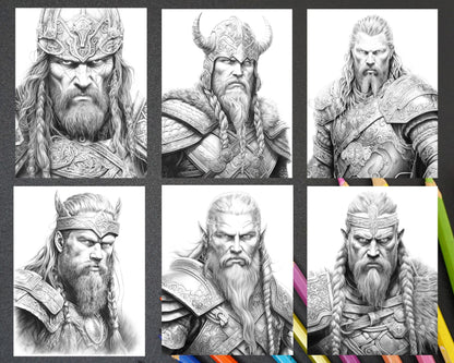 55 Viking Warriors Portrait Grayscale Coloring Pages Printable for Adults, PDF File Instant Download