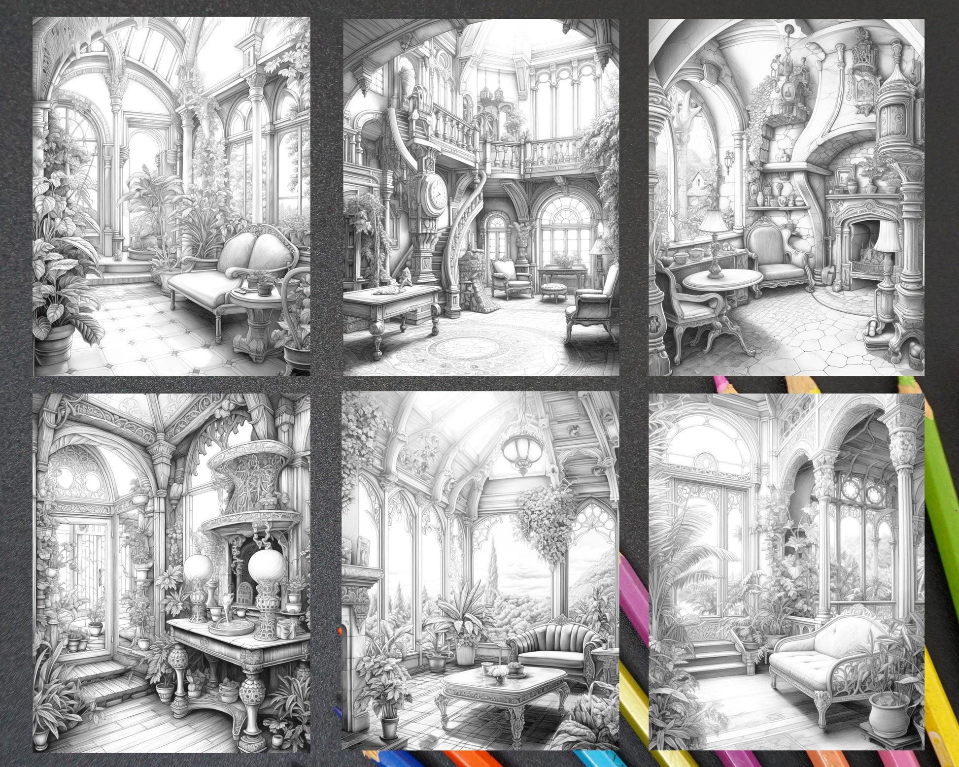 Fantasy Interior Grayscale Coloring Pages for Adults, Printable PDF File Instant Download
