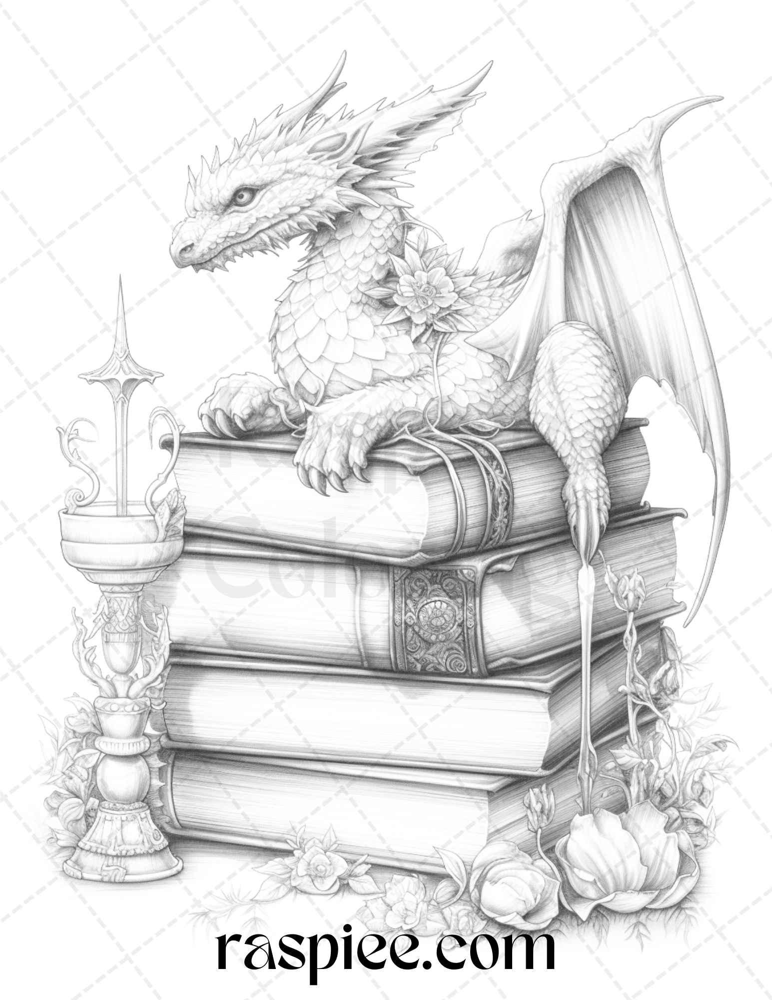 50 Magical Books Grayscale Coloring Pages Printable for Adults, PDF File Instant Download