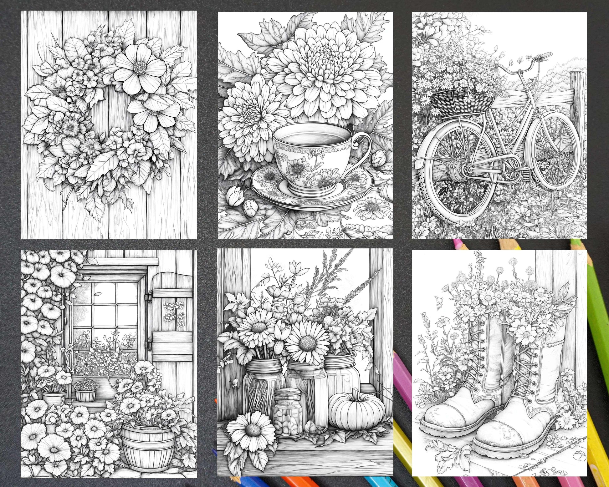 Fall Flowers Adult Coloring Pages Printable PDF Instant Download