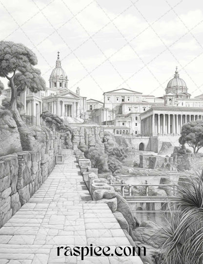 Roman Architecture Grayscale Coloring Pages Printable for Adults, PDF File Instant Download