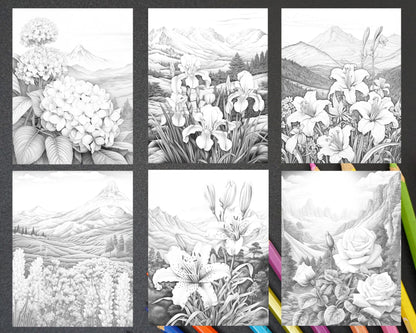 60 Mountain Flower Landscapes Grayscale Coloring Pages Printable for Adults, PDF File Instant Download