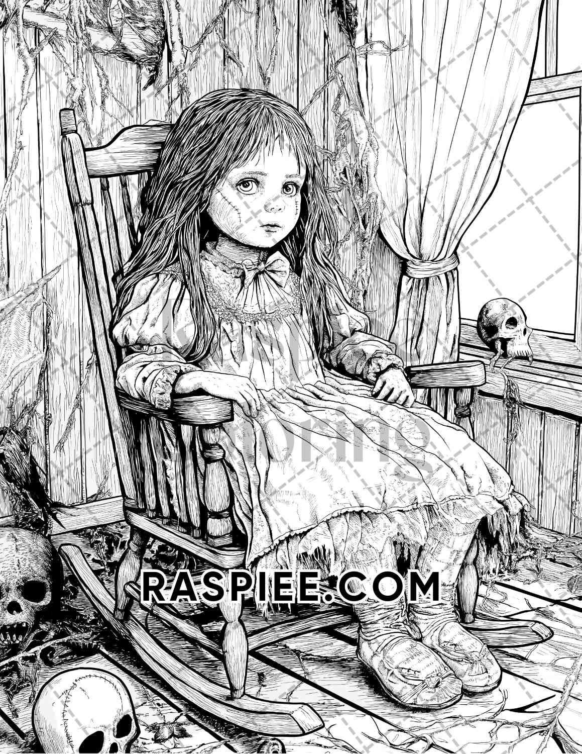 Haunted Dolls Halloween Horror Adult Coloring Pages Printable PDF Instant Download