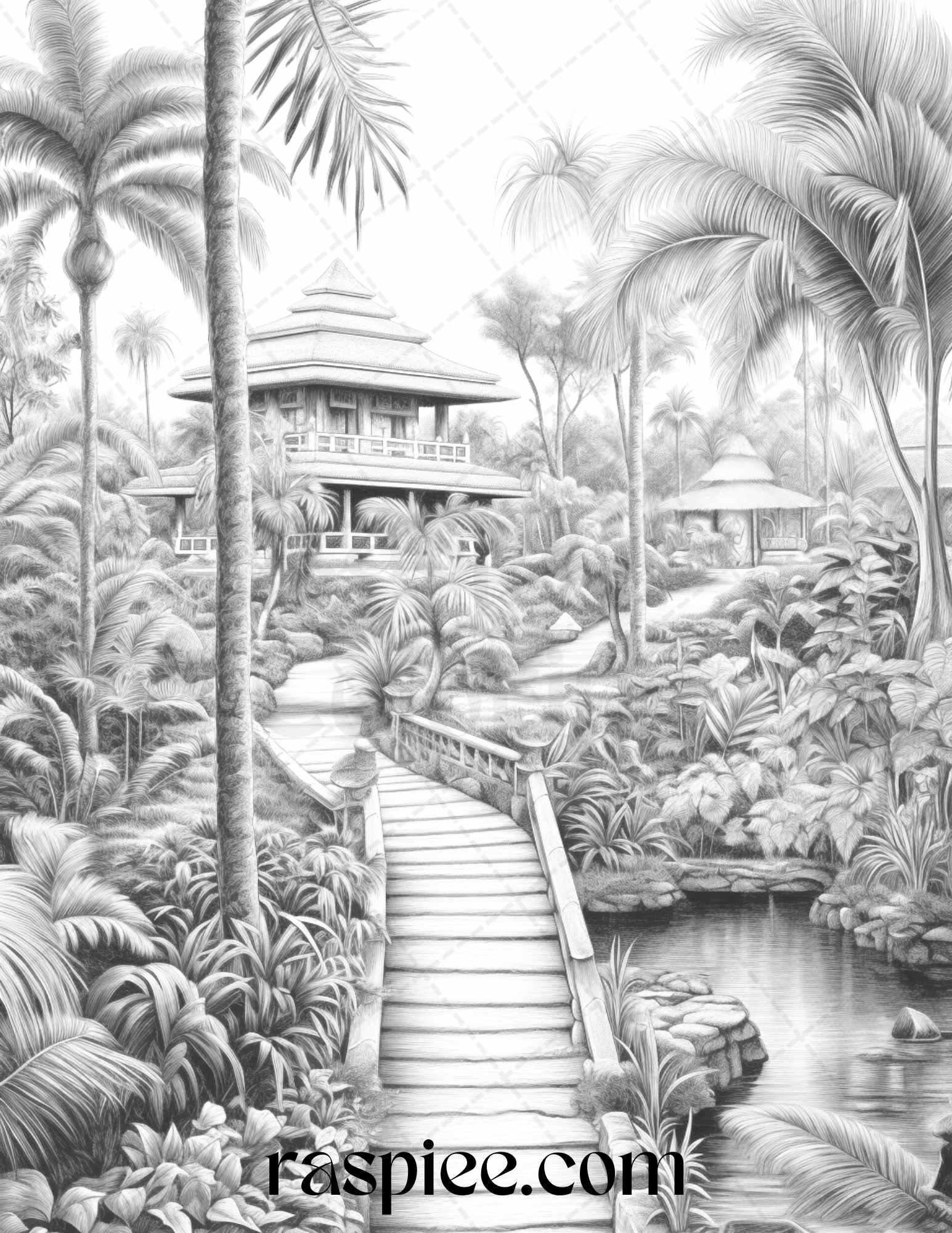 52 Tropical Oasis Grayscale Coloring Pages Printable for Adults, PDF File Instant Download